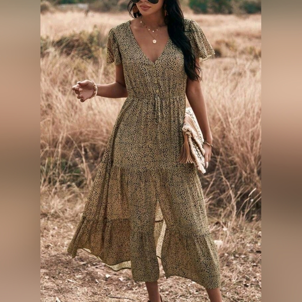 New Boho Flowy Dot Print Button Shirt Dress Khaki Tan Black